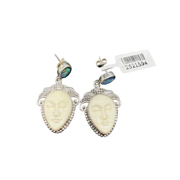 Sterling Silver 925 Opal & Face Carved Drop Dangle Earrings - Picture 4 of 7